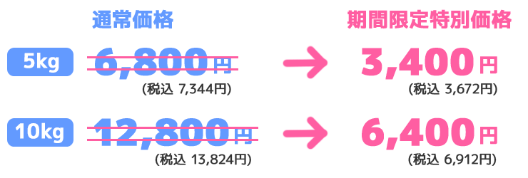 期間限定特別価格 5kg 3,400円（税込 3,672円）、10kg 6,400円（税込 6,912円）